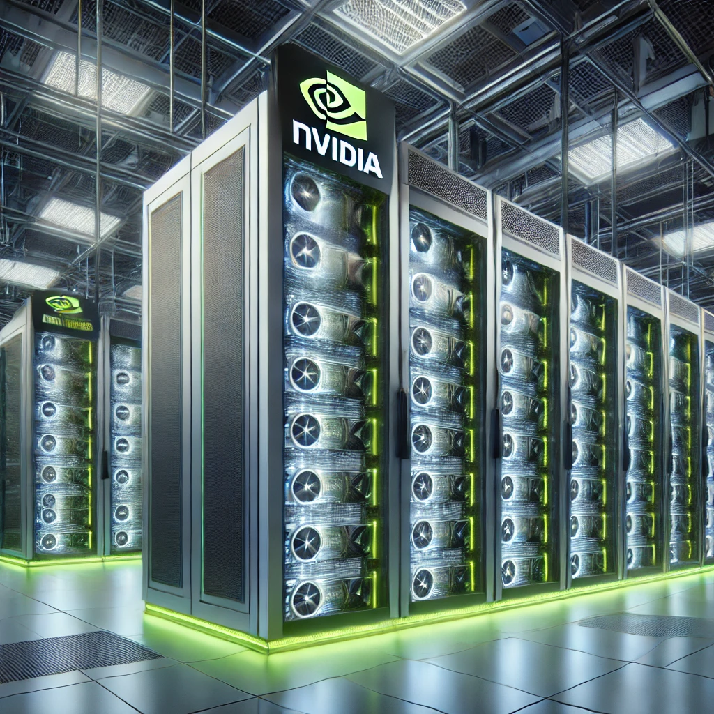 dall·e 2024 08 14 12.24.08 a digital illustration of a modern data center designed for ai training featuring rows of server racks filled with nvidia gpus. the racks are illumin